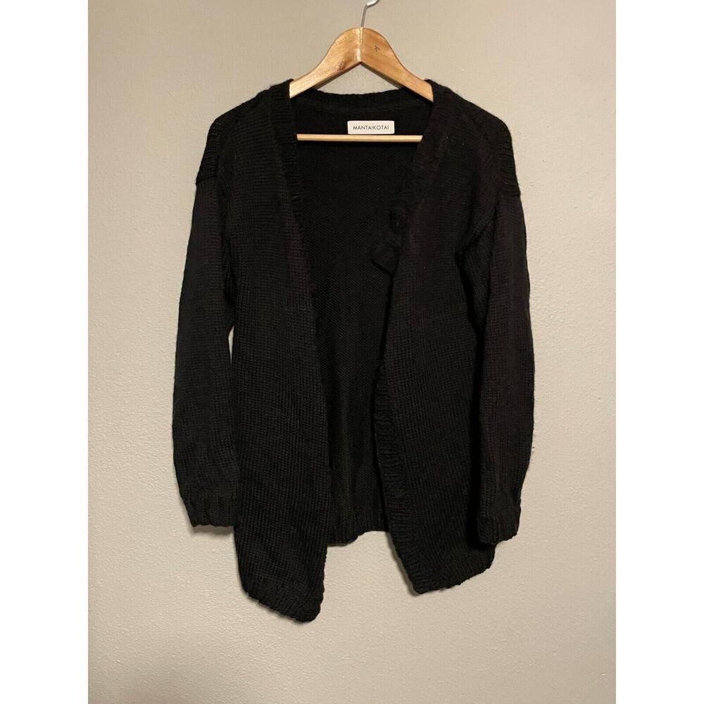 Mantaikotai Womens Cardigan Large Black Wool Chunky Knit Open Front Sustainable